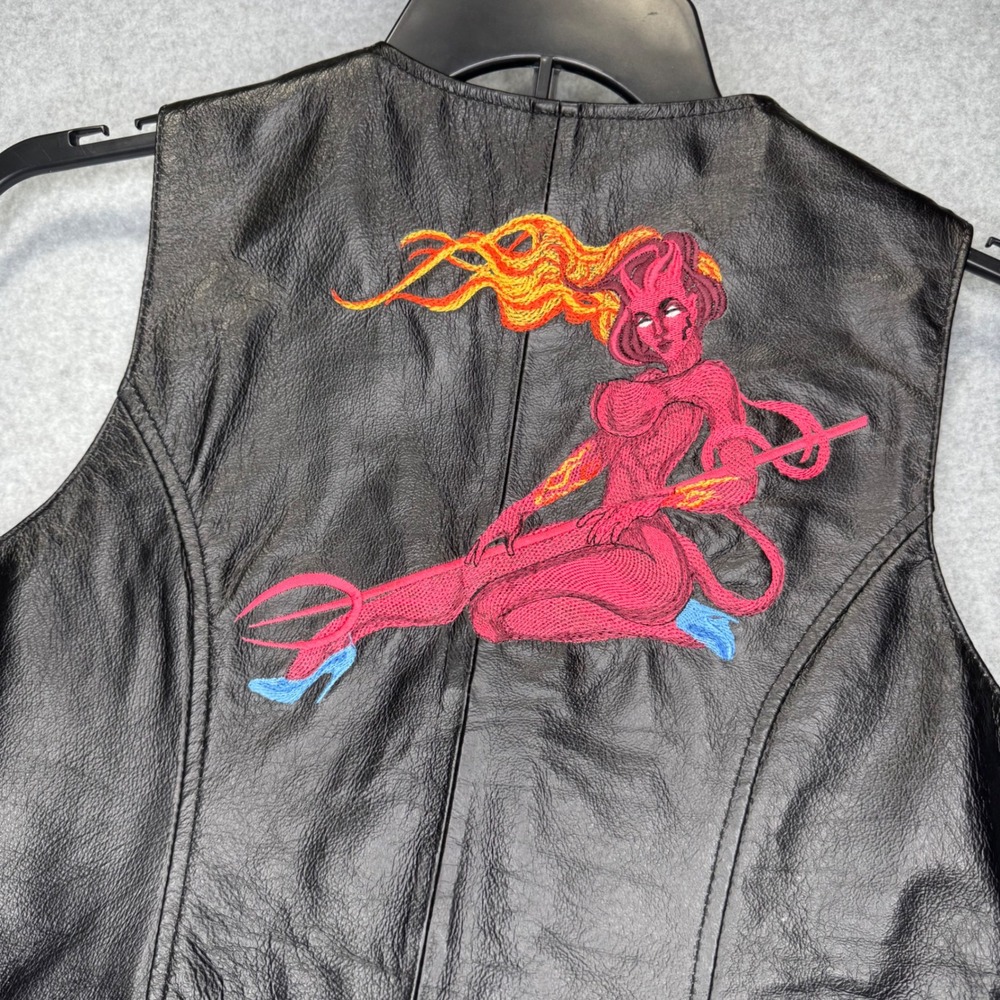 Leather USA Vest Womens Large Black Devil Girl Embroidered Bikercore Motorcycle